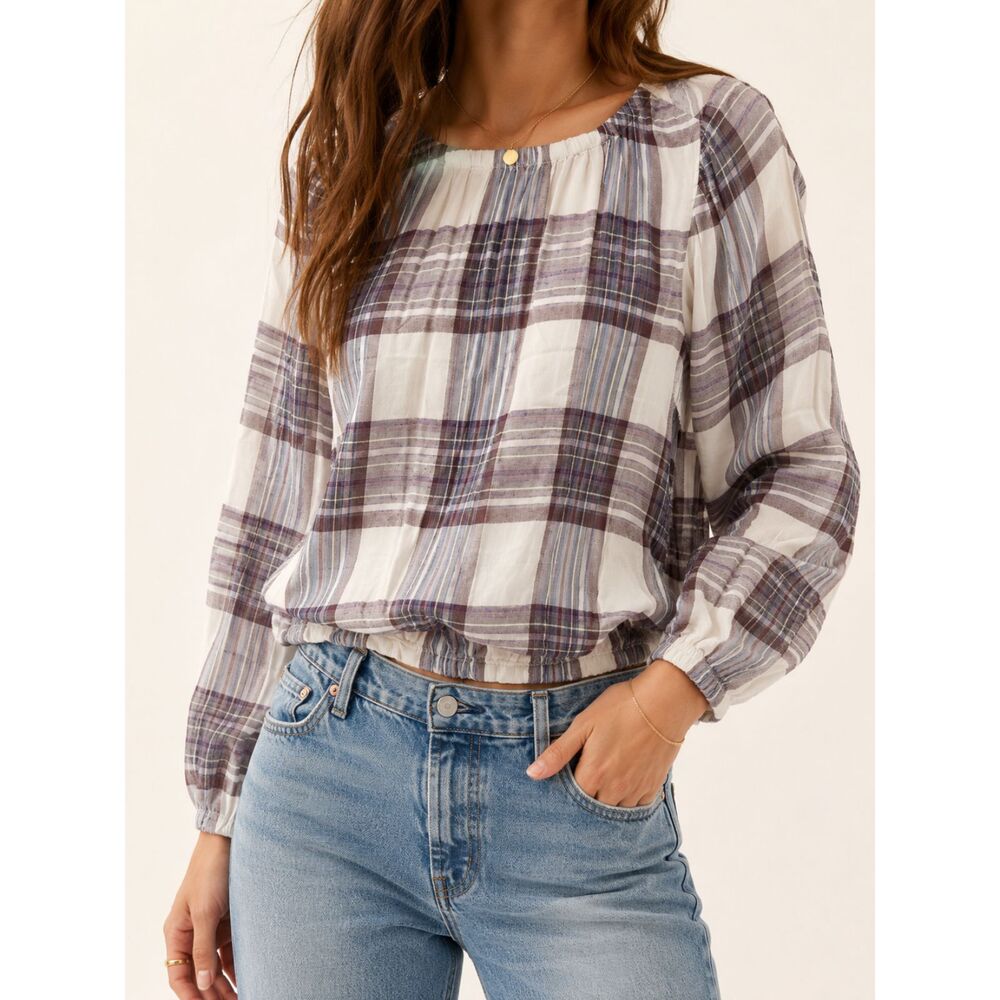 Cloth & Stone‎ Anthropologie Plaid Rayon Peasant Boho Blouse XS Cottagecore